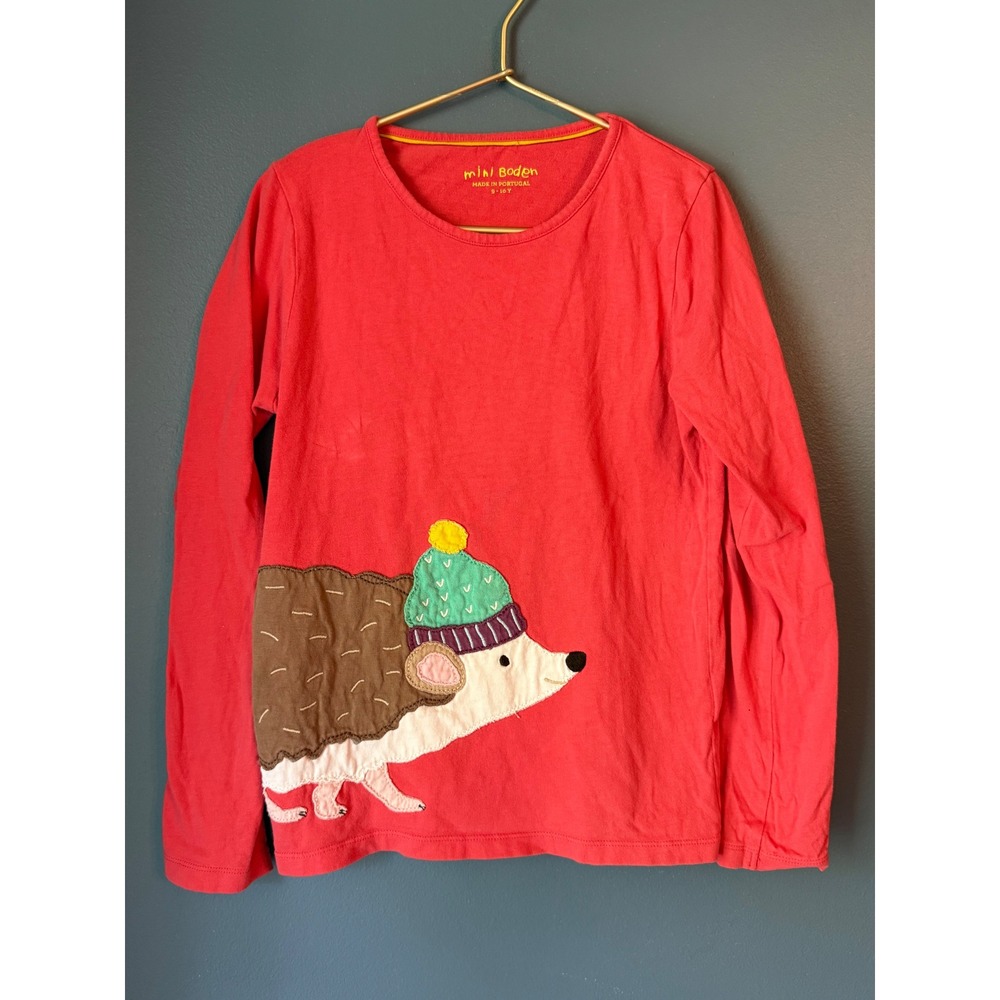 Mini Boden Girls coral Hedgehog Beanie Applique Long Sleeve Graphic Tee 9-10Y